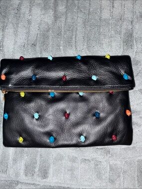 Black Fold-Over Clutch with Multicolored Stud Accents Tehra b